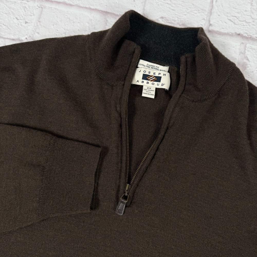 Joseph Abboud 1/4 Zip Sweater Mens 2XL Brown 100% Fine Merino Wool Mock Neck